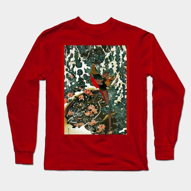 Pheasants in the Snow with Pine Tree and Roses Long Sleeve T-Shirt by BulganLumini